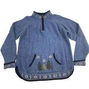 Icelandic Design Wool Cotton Quarter Zip Pullover Sweater Blue Embroidered Large